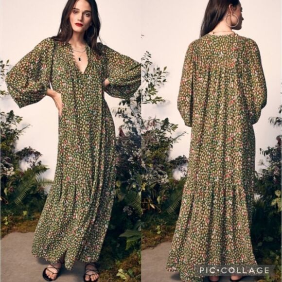 SOLD!! Happy X Nature BILLOW MAXI DRESS Green Floral - Size Medium - Picture 1 of 11